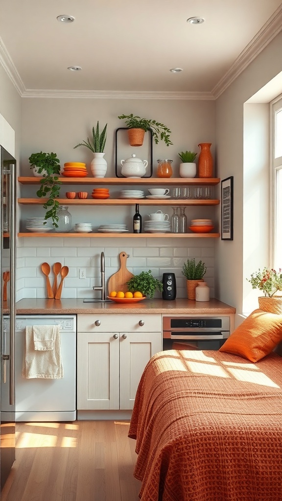 A cozy kitchen with open shelving displaying colorful dishes and plants.