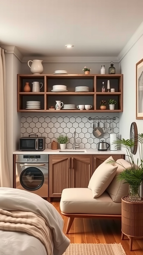 A mini kitchen with open shelving displaying dishes and decorative items, featuring a cozy and functional design.