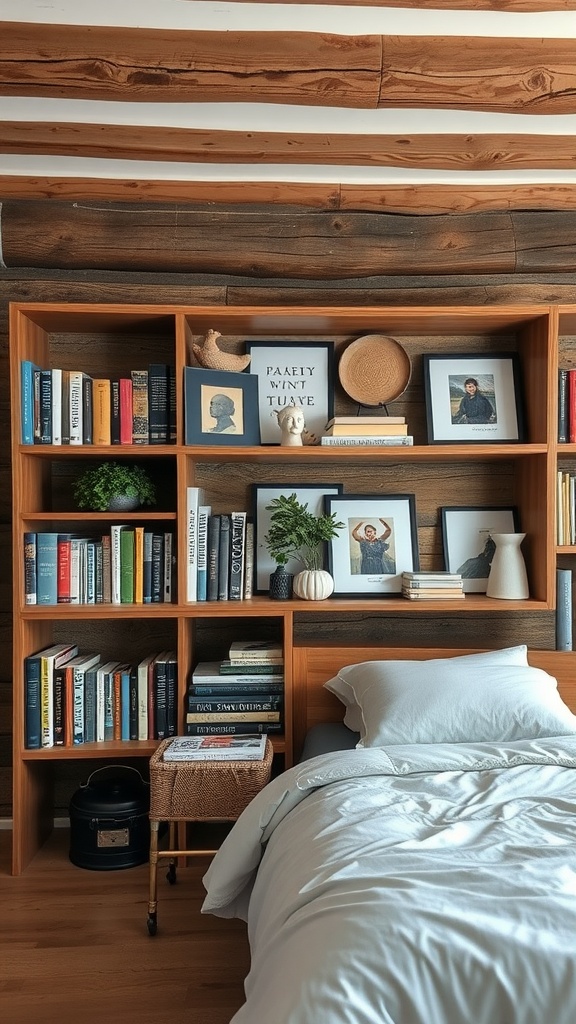 Rustic bedroom with open shelving displaying books and decorative items