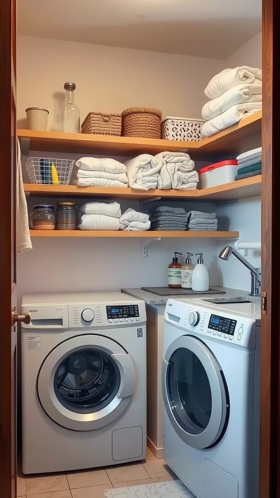 A small laundry room with open shelving displaying towels and storage baskets.