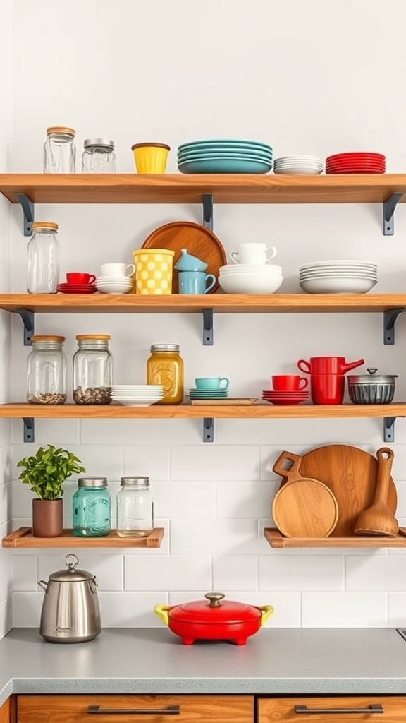 Open shelving in a farmhouse-style kitchen displaying colorful dishes, glass jars, and wooden cutting boards.