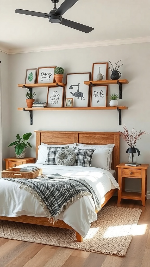 A cozy farmhouse bedroom featuring open shelving with plants and framed art above a wooden bed.
