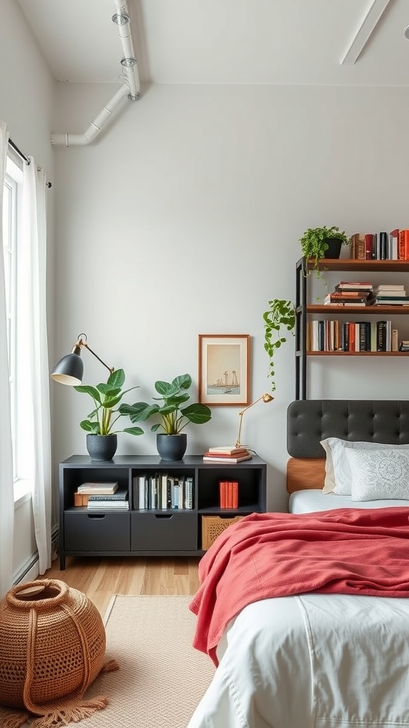 A cozy industrial bedroom featuring open shelving with books and plants.