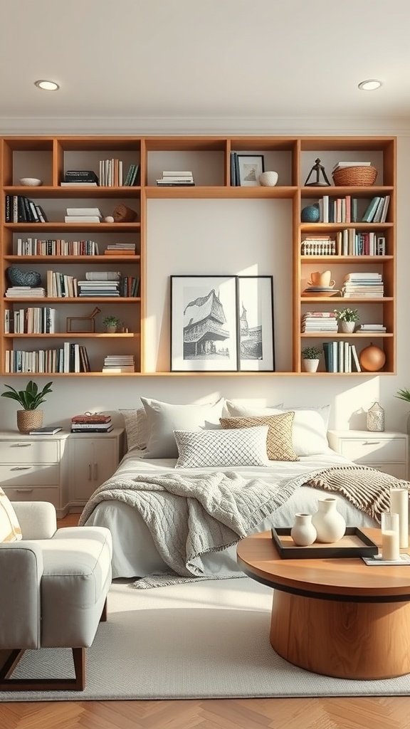 A cozy living room with open shelving displaying books, plants, and decorative items.