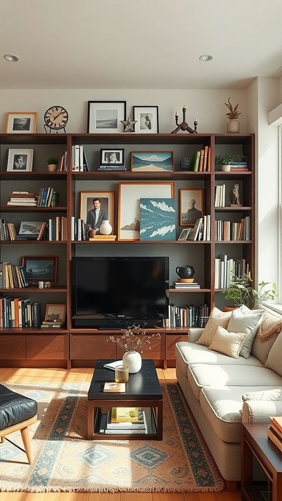 A living room featuring open shelving with books, pictures, and decorative items.