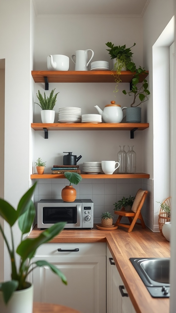 Cozy kitchen with open shelves displaying dishes and plants