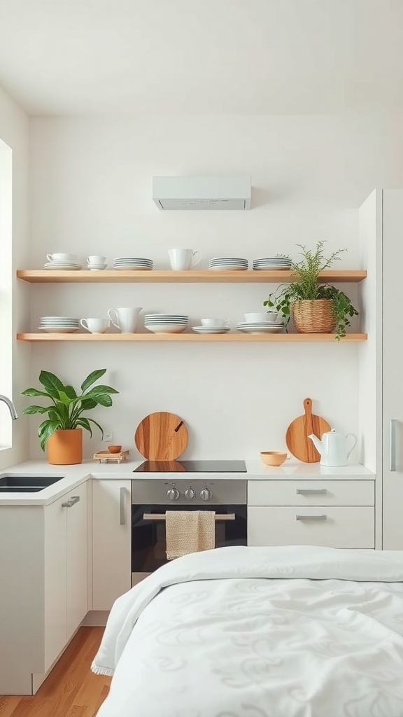 Minimalist kitchen with open shelving displaying dishes and a plant