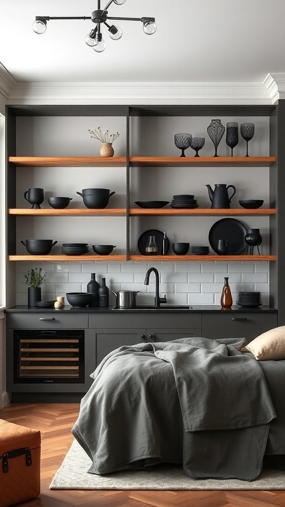 Modern kitchen with open shelving displaying black dishes and glassware