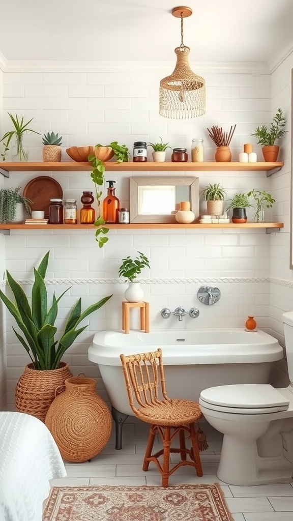 A bohemian-style bathroom featuring open shelving with plants, jars, and decorative items.