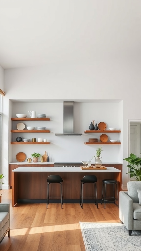 A modern kitchen with open shelving showcasing dishware and decorative items, featuring a warm wooden design and a cozy atmosphere.