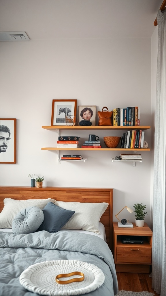 A cozy bedroom featuring open wooden shelves with books, photos, and decorative items above a neatly made bed.