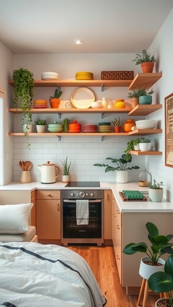 A small kitchen with open shelving displaying colorful dishes and plants.