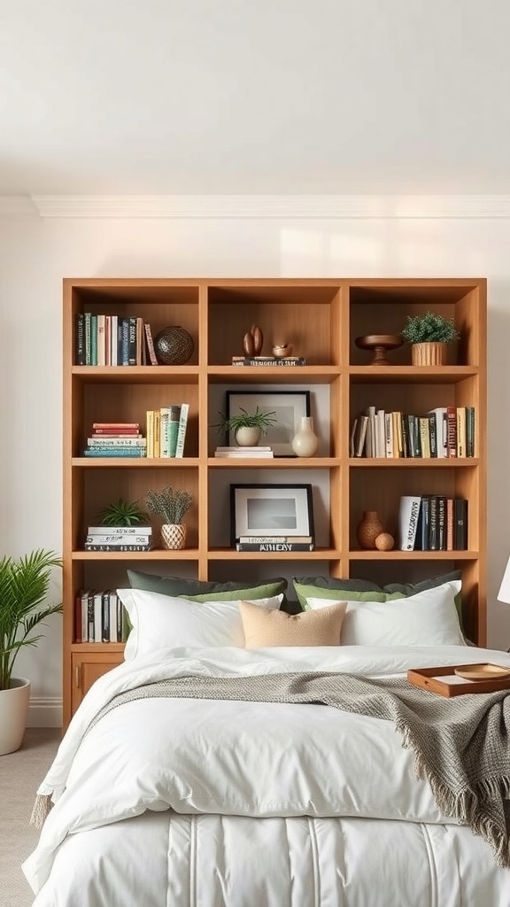 A wooden bookshelf filled with books and decorative items in a cozy bedroom.