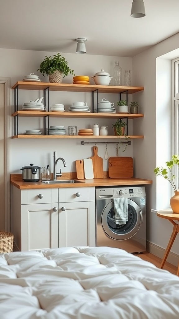 A small kitchen with open shelving displaying dishes and plants, featuring a sink and washing machine.