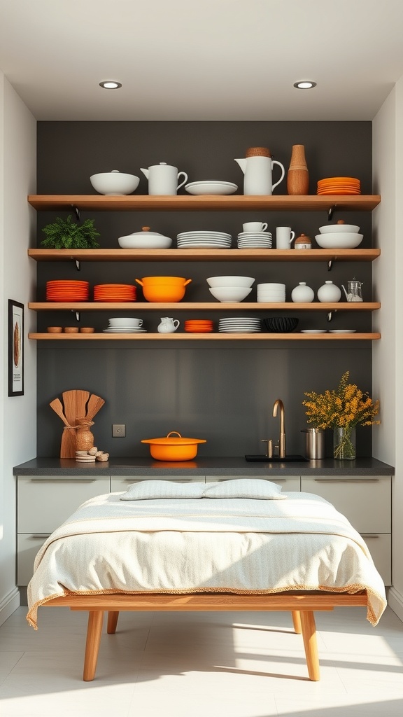 A kitchen with open wooden shelves displaying colorful dishes and cookware against a dark wall.
