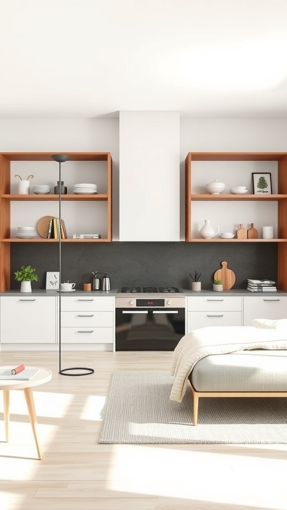 A modern kitchen with open shelving displaying dishes and decor, featuring a cozy living space.