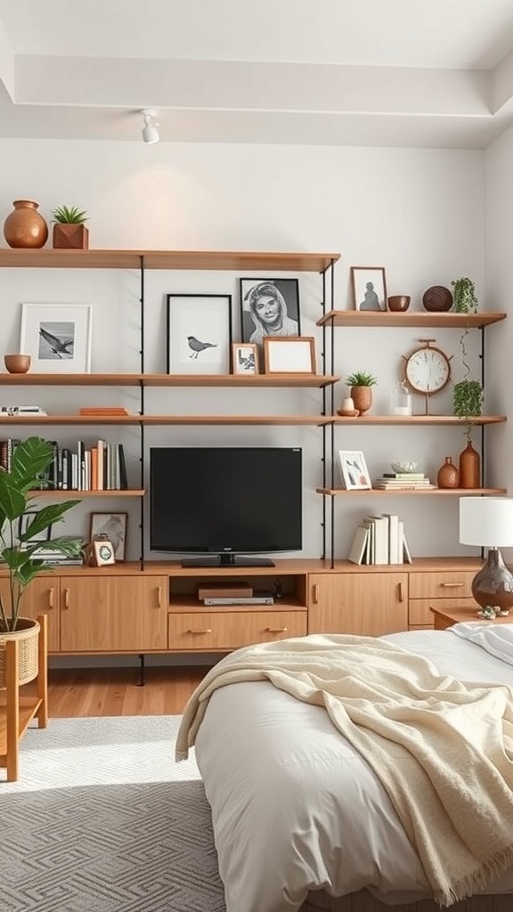 Open shelving unit in a living room with decorative items, books, and plants.