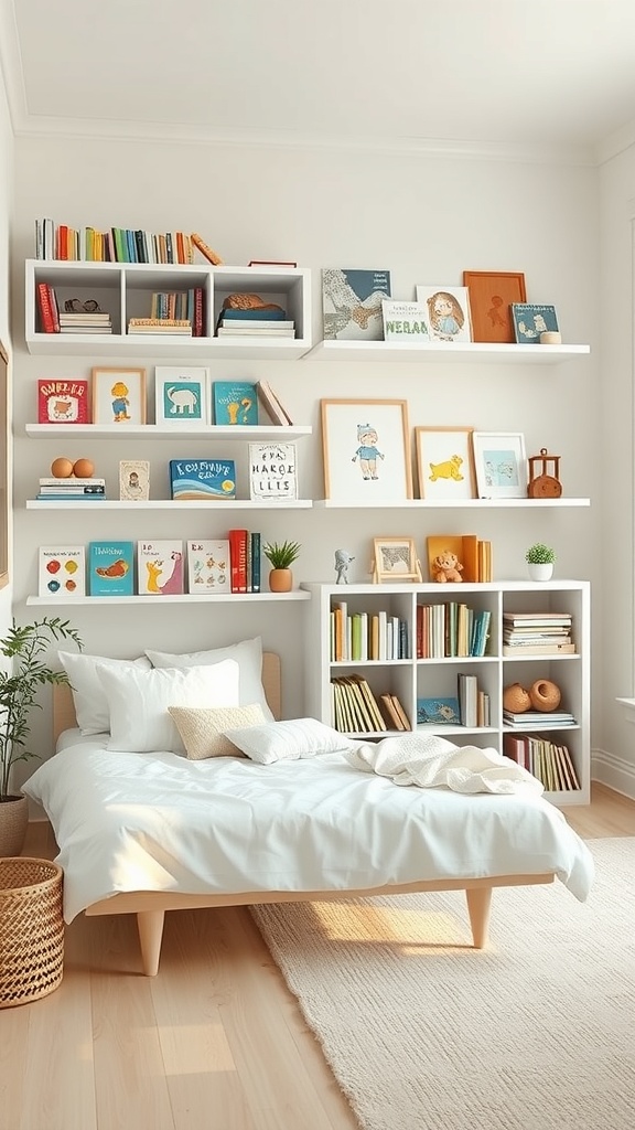 A bright toddler bedroom featuring open shelving with books and toys, promoting easy access and independence.
