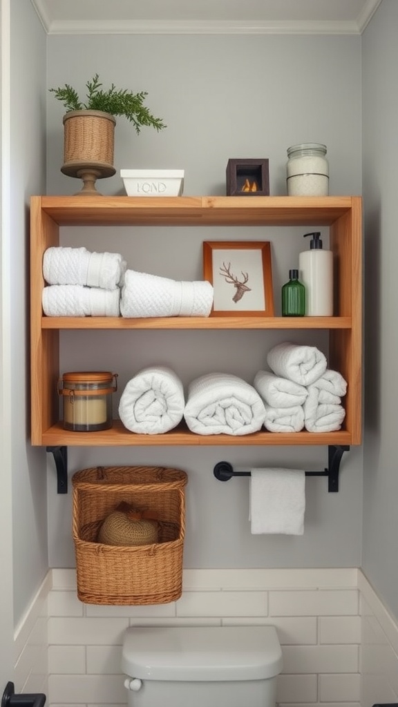 Wooden open shelving in a bathroom with neatly rolled towels and decorative items