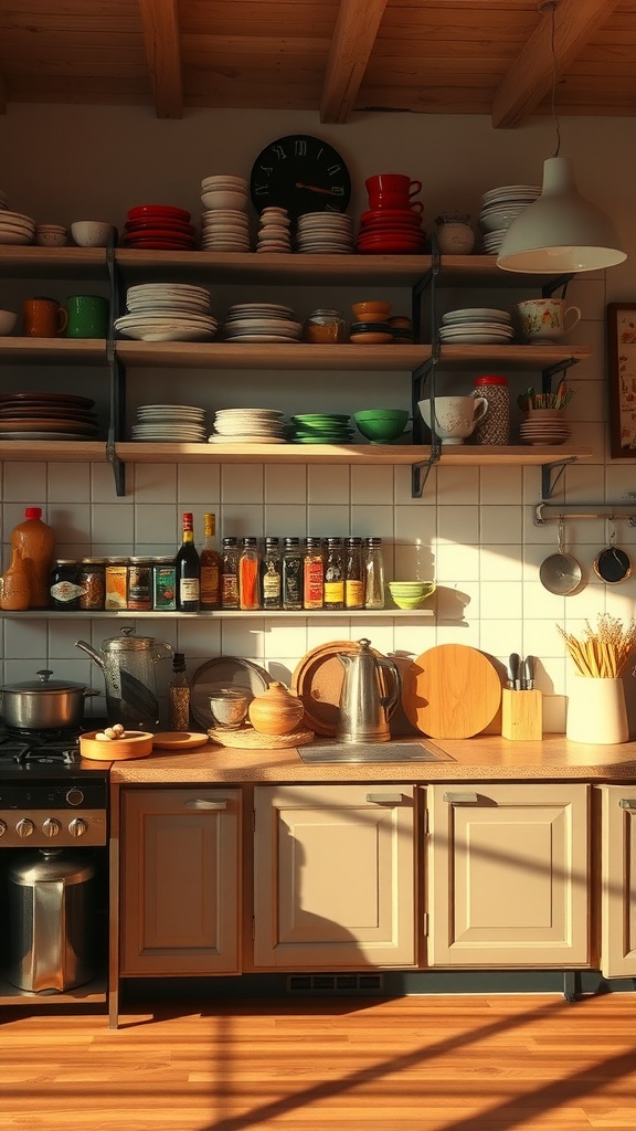 A cozy kitchen with open shelving displaying colorful dishes and jars.