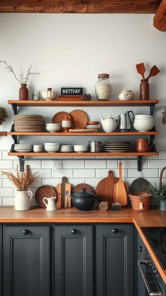 Open shelving in a rustic kitchen with wooden shelves displaying various dishes and decorative items.