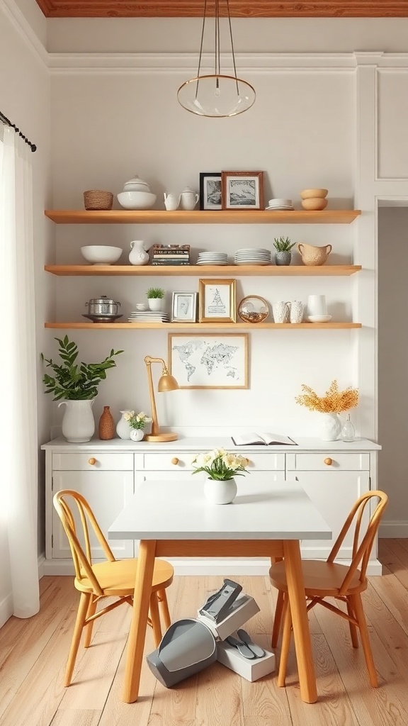 A small dining area with open shelving, featuring dishes, plants, and decorative items.