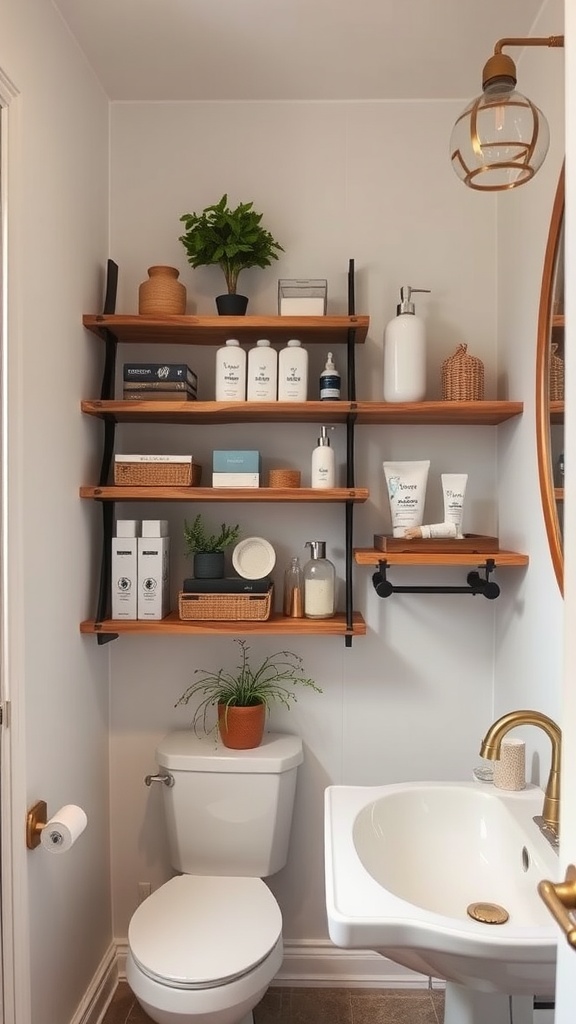 Rustic bathroom with open shelving and neatly arranged toiletries