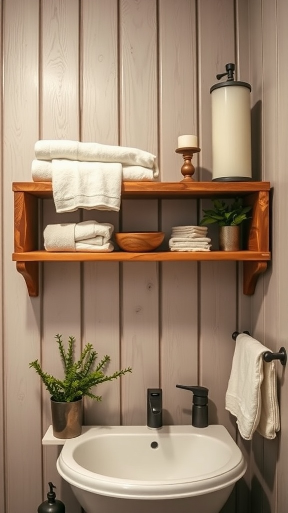 A rustic bathroom with open wooden shelves displaying towels, a plant, and a soap dispenser.