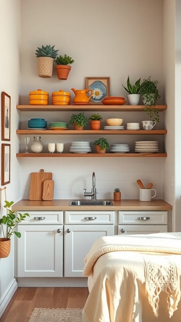 A small kitchen with open shelving displaying colorful dishes and plants.