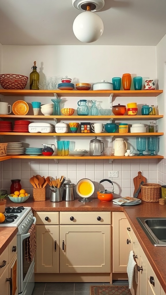 A cozy retro kitchen with open shelves displaying colorful dishware and utensils.