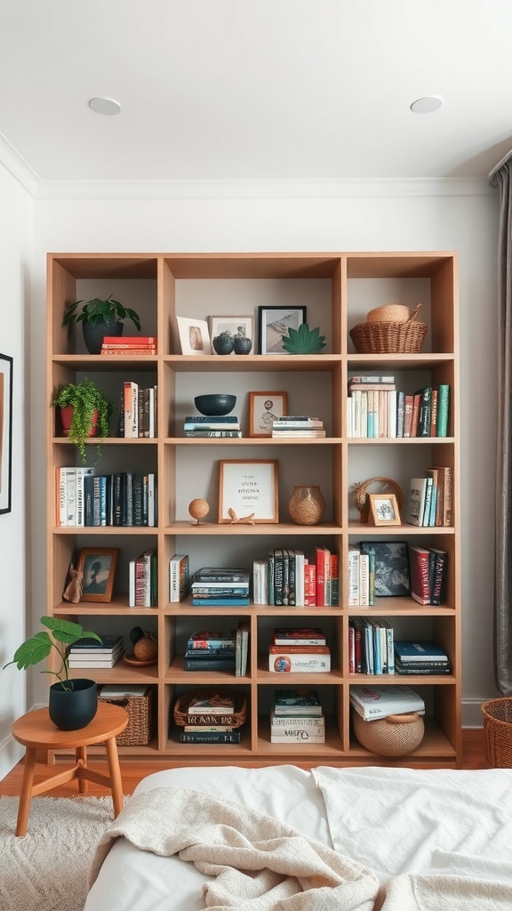 A wooden open shelving unit filled with books, decorative items, and plants in a cozy bedroom.