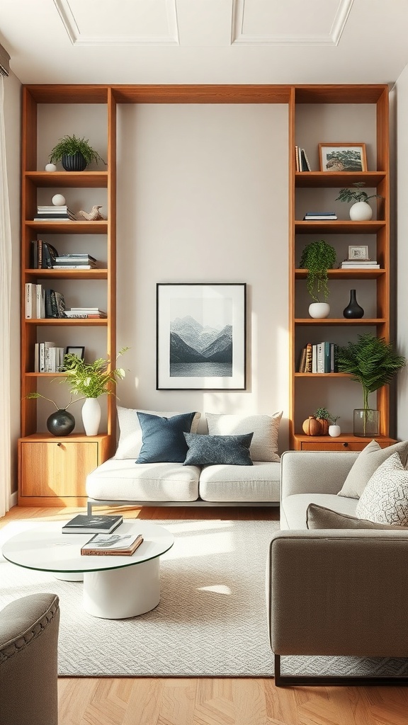 A living room featuring an open shelving unit made of wood, displaying books and decorative items, with a cozy sofa and coffee table.