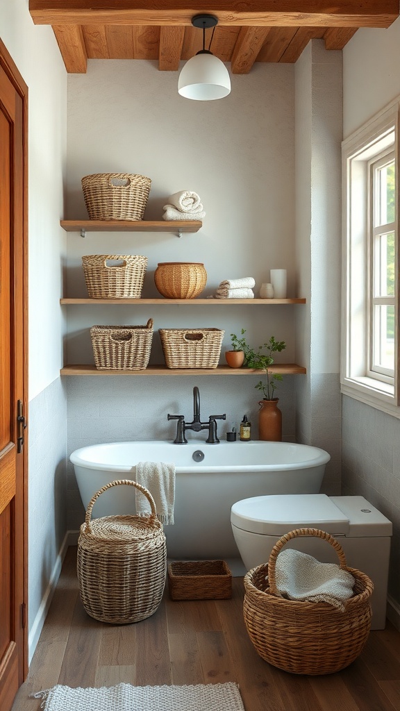A rustic bathroom featuring open shelving with woven baskets, a freestanding tub, and wooden accents.