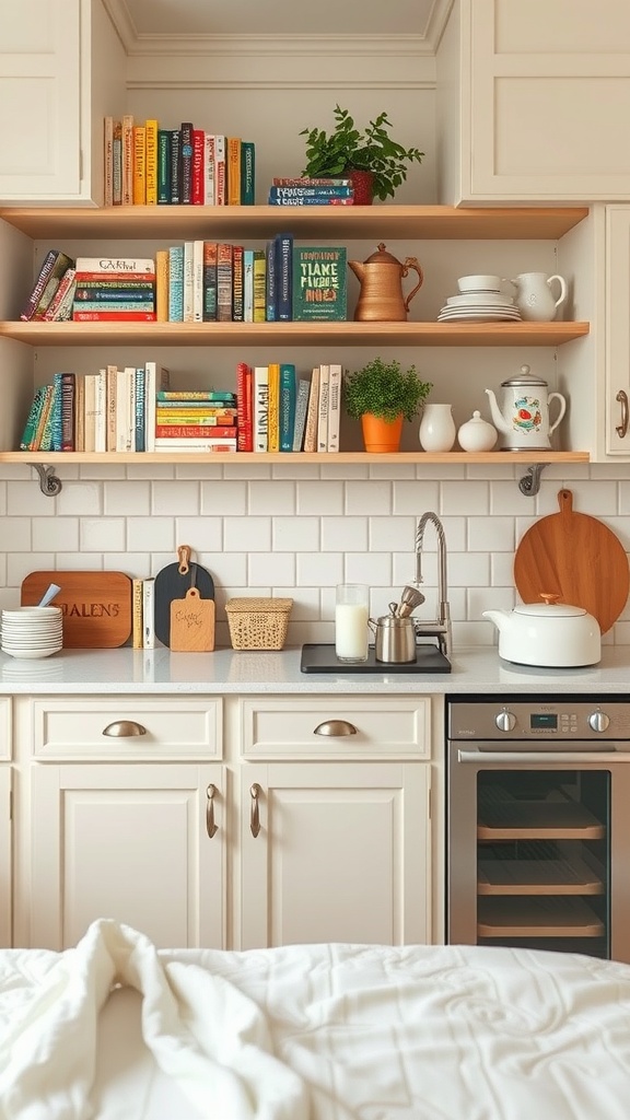 A cozy kitchen with open shelving displaying colorful cookbooks and potted plants.