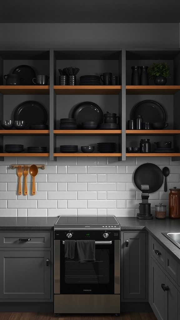 A moody kitchen with open shelving displaying dark dishware and wooden shelves, featuring grey cabinets and a modern stove.