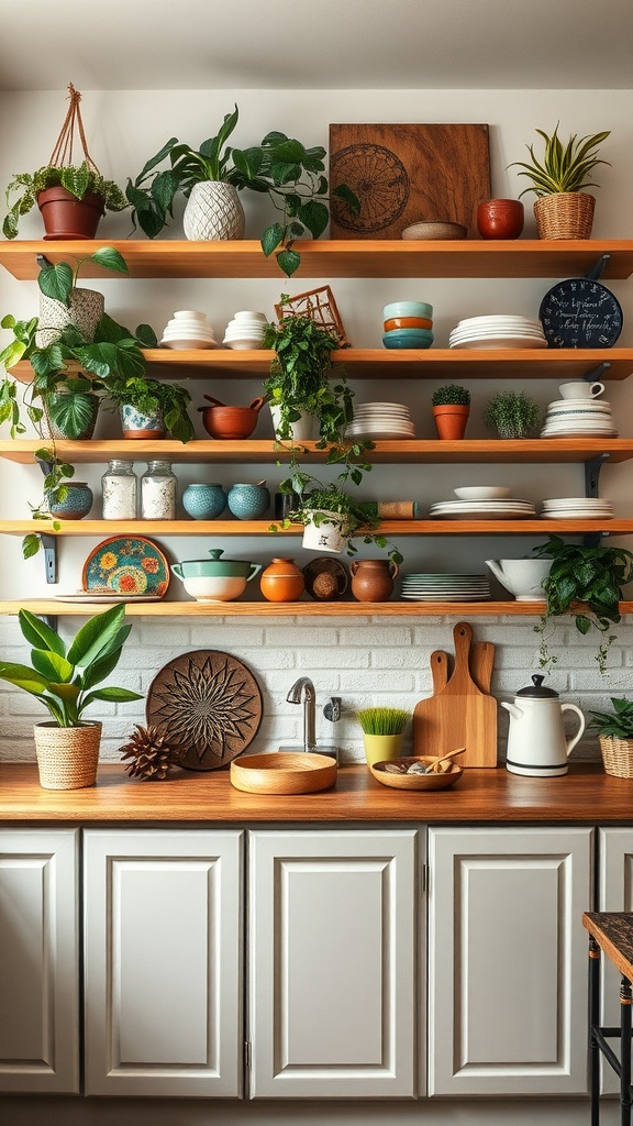 Open shelving in a boho kitchen with a variety of dishes and green plants