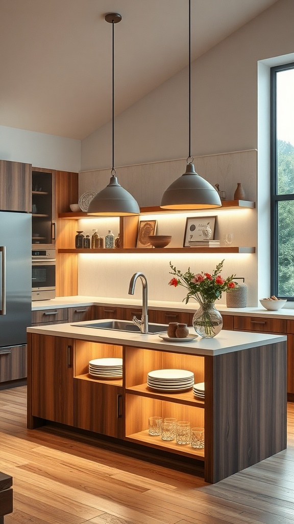 A modern kitchen featuring open shelving with integrated lighting, showcasing decorative items and plates, complemented by pendant lights above the island.