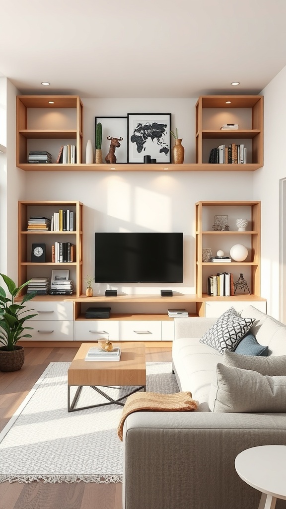 Living room with open shelving and TV display, featuring wooden shelves, white cabinetry, and a cozy seating area.