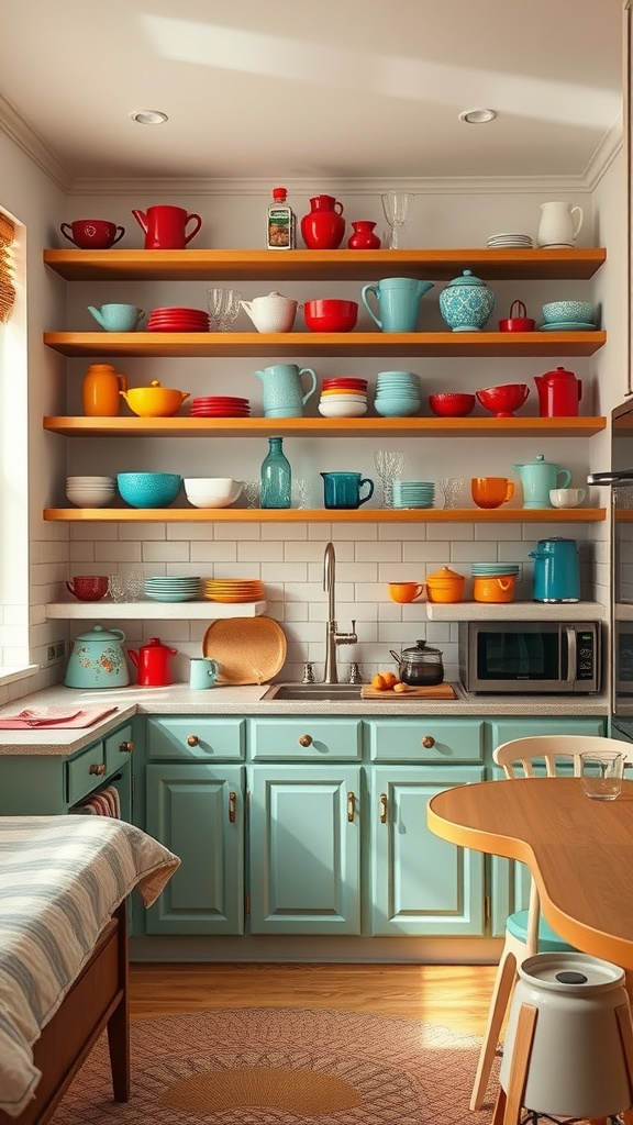 A bright kitchen with open shelving displaying colorful vintage dishware.