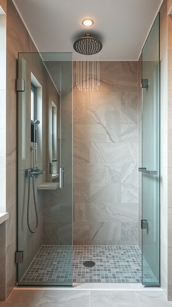 Modern open shower design with glass walls and natural stone tiles.
