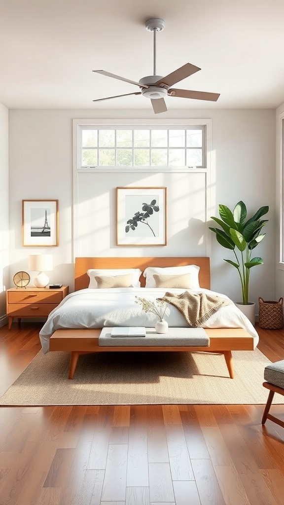 A mid-century modern bedroom featuring a bed with a wooden frame, large windows, and minimal decor.