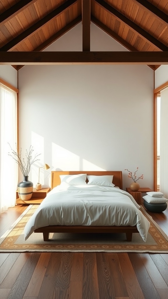 A zen bedroom featuring a low bed, natural wood accents, and large windows letting in sunlight.