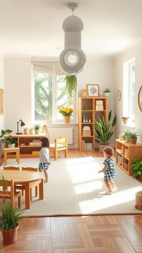 A spacious, bright Montessori toddler room with two children playing, wooden furniture, and plants.