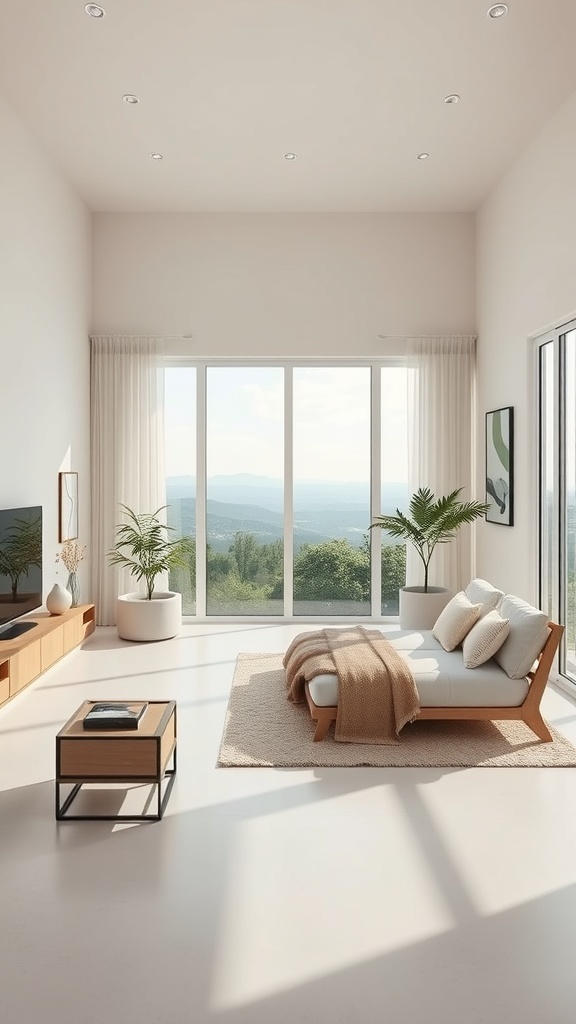 A minimalist living room with large windows, a cozy sofa, and a coffee table, featuring plants and a bright atmosphere.