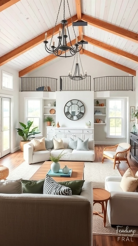 A bright and airy farmhouse living room with high ceilings, wooden beams, and a cozy furniture arrangement.