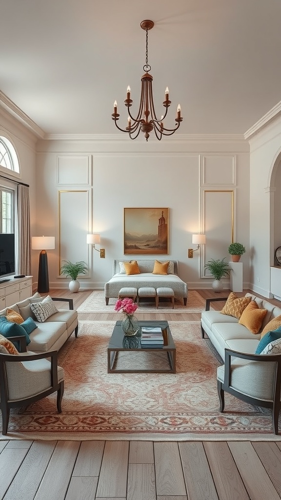 A formal living room with two sofas, a coffee table, and a chandelier, showcasing an open space design.