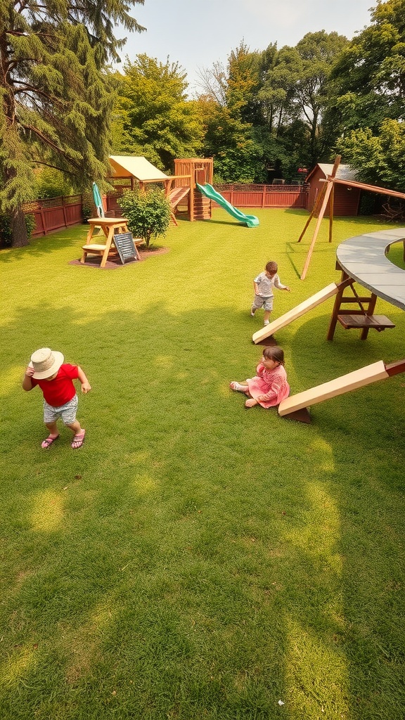 Children playing in a grassy outdoor play area with slides and swings