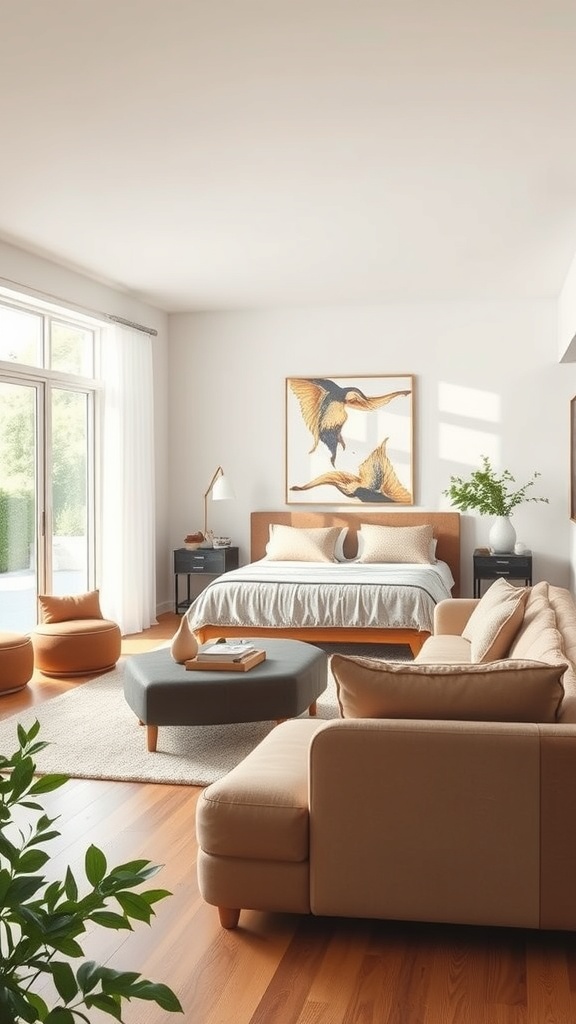 A cozy living room with large windows, beige sofa, round coffee table, and plants, featuring bird artwork on the wall.