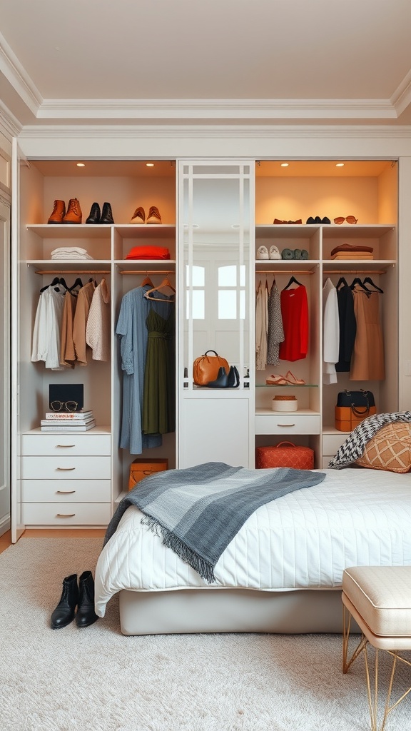 A stylish open wardrobe displaying organized clothes, shoes, and accessories in a bedroom.