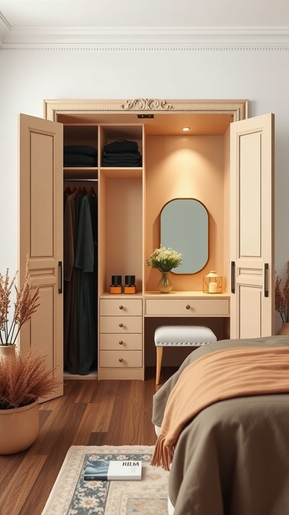 Open wardrobe with dressing table in a cozy bedroom setting.